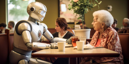 A senior woman dines with a robot companion, highlighting the blend of care and technologyの素材