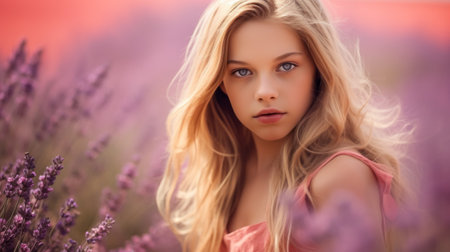 Portrait of a beautiful young girl on a lavender field looking at cameraの素材