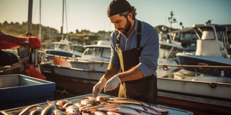 Bearded fisherman in apron sorting fish on a table at the dock, with boats in the backgroundの素材
