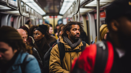 Thoughtful young man with backpack during rush hour on subwayの素材