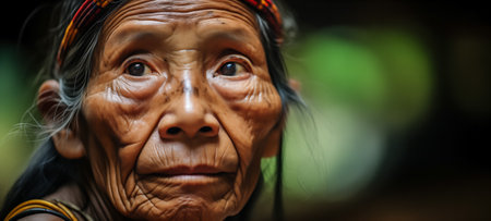 Close-up of a serene elderly woman with cultural headdress, wisdom in her eyesの素材