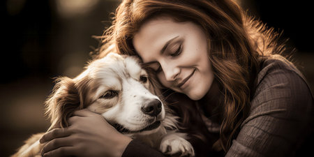 Warm, affectionate embrace between a smiling young woman and a fluffy dog in golden lightの素材