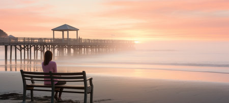 Woman sitting on a bench in front of a pier at sunset.の素材