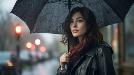 Young beautiful woman with umbrella walking in the city on a rainy dayの素材