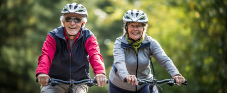 Happy mature couple riding bicycles outdoorsの素材