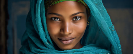 Radiant young African woman wearing a turquoise headscarf and earrings, showcasing cultural beautyの素材