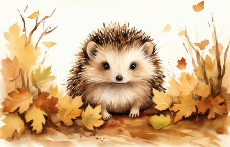 Hedgehog in autumn leaves on white background. Watercolor hand drawn illustrationの素材