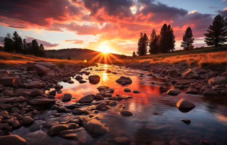 Golden sun rays peek over horizon, illuminating river and rocks under a dramatic sunsetの素材
