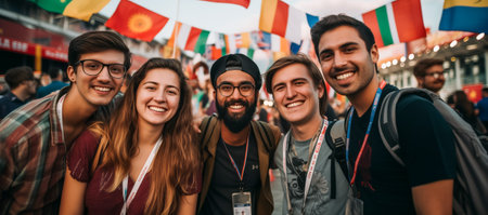 Young men and women smiling at a cultural event with flags in the backgroundの素材