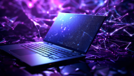 Laptop on abstract purple network background. 3d rendering toned imageの素材