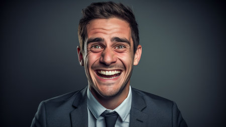 Portrait of a happy young businessman laughing over dark gray background.の素材