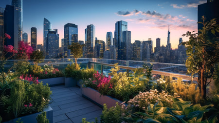 Twilight descends on a vibrant urban garden terrace, framed by towering skyscrapersの素材