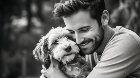 Happy young man cuddling his adorable fluffy dog, sharing a loving bondの素材