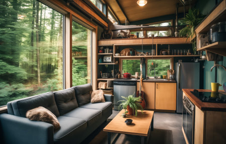 Inside view of a tiny house showing a compact living space with large windows overlooking a lush forestの素材