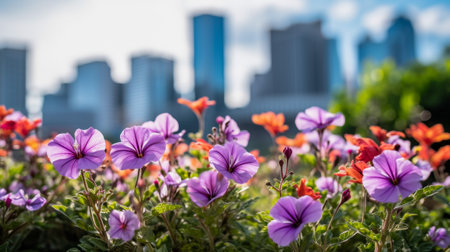 Beautiful flowers with buildings in background. Urbanization and sustainable environment conceptの素材