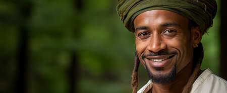 Portrait of smiling Indian man with turban against green forest backgroundの素材