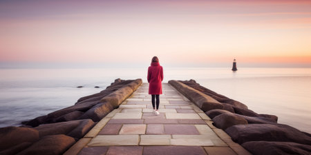 Young woman in red coat walking on a stone pier at sunset. 3d renderingの素材