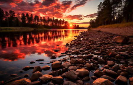 Vivid red sunset reflecting in a river, with smooth rocks and silhouetted treesの素材