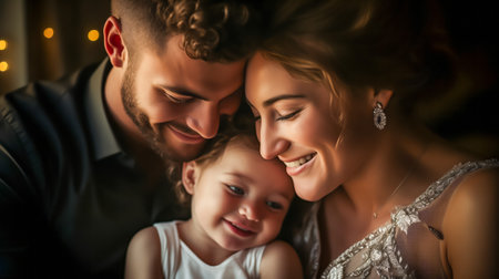 Smiling young parents with their little daughter, enjoying a heartwarming and cheerful momentの素材