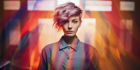 Portrait of beautiful young woman with dyed hair against room with windowsの素材
