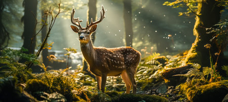 Beautiful deer in the forest in the morning. Wildlife scene from nature.の素材