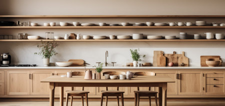 interior of modern wooden kitchen with lots of utensils and shelvesの素材