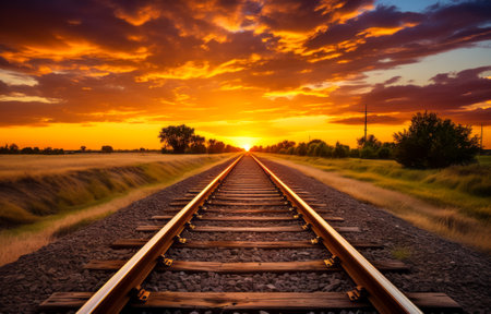 Vibrant sunset sky casting a fiery glow over a straight railroad through fieldsの素材