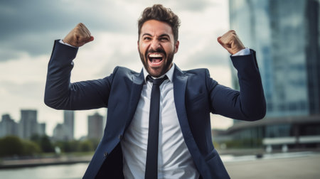 Handsome young businessman is celebrating success with arms raised outdoors.の素材