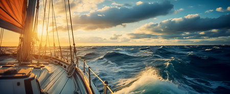 The warm glow of sunset illuminates a sailboat as it navigates through the challenging swells of the open seaの素材