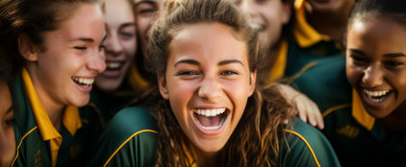 Portrait of a happy girl with her friends having fun together during sports training outdoorsの素材