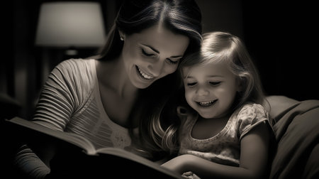 Black and white of mother and daughter laughing over a bookの素材