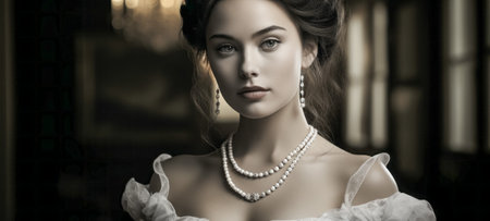 Portrait of a beautiful young woman in a white dress and wearing a pearl necklaceの素材