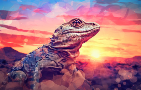 Close up of an iguana on sunset background. Animal in nature.の素材
