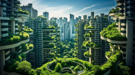 Modern urban skyline intertwined with vertical gardens showcasing sustainable architectural designの素材