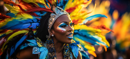 Joyful African-American woman celebrating in colorful carnival drawsの素材