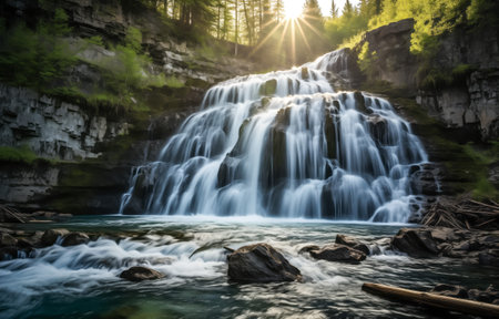 Sunrays piercing through the foliage to highlight a dynamic forest waterfall and rocky riverの素材