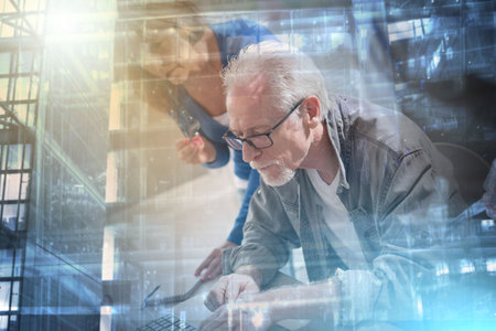 business people working together in office, light effect; multiple exposure
