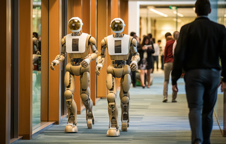 Advanced humanoid robots walking confidently in an office, symbolizing cutting-edge workplace automationの素材