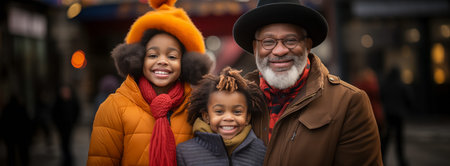 Senior man with two young girls wearing warm winter clothes and smiling on a city streetの素材