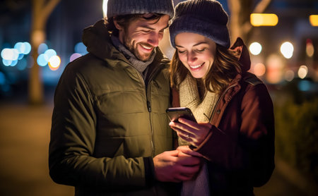 Smiling couple using mobile phone in the city at nightの素材