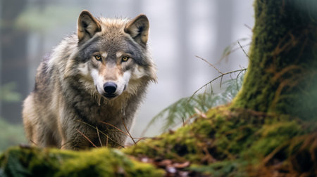 Alert gray wolf standing in a fog-laden forest with lush moss and fernsの素材