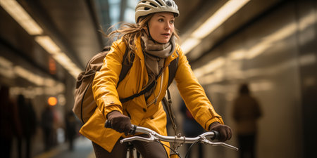 Young caucasian woman in a yellow jacket and helmet cycling through a subway stationの素材