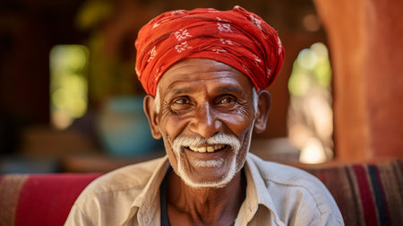 Portrait of an old smiling Indian man wearing a red turban.の素材
