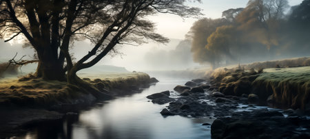 Ancient trees with sprawling roots along a mist-covered river at dawnの素材