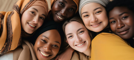 Smiling faces of young women from diverse backgrounds in a close, friendly huddleの素材