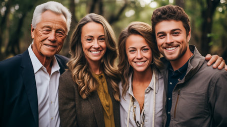 Senior man with adult children, family portrait in an autumn forest settingの素材