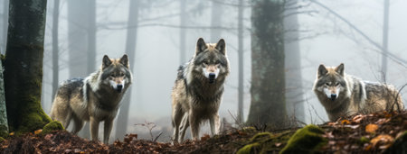 Three gray wolves in a foggy woodland setting, exuding wildness and alertnessの素材