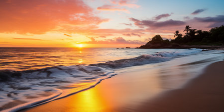Tropical sunset with golden light reflecting on beach waves and palm treesの素材