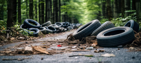 Old tires scattered along a path in a dense, green forest, depicting environmental neglectの素材