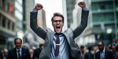 Portrait of a young businessman in suit with arms raised on a city street. Concept of successの素材